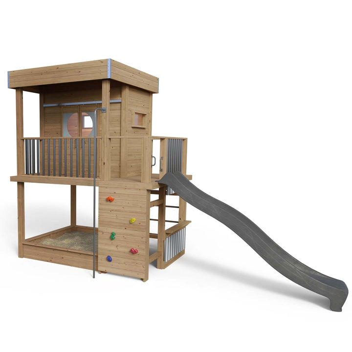 Stelzenhaus Clara - Premium 655, Rutsche, Kletterwand, Kaufladen, Feuerwehrstange