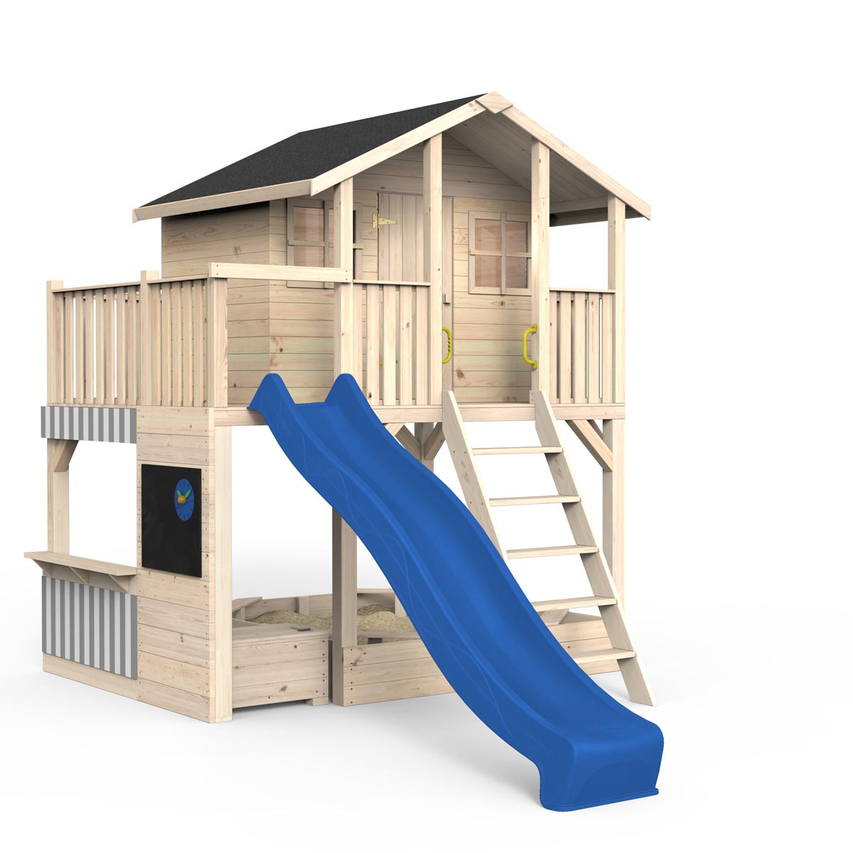 Spielhaus auf Stelzen, Massivholz natur, Sandkasten, Kaufladen, Leiter, Geländer, Spielzimmer, Tür, Sprossenfenster, Dachpappe schwarz, Rutsche blau