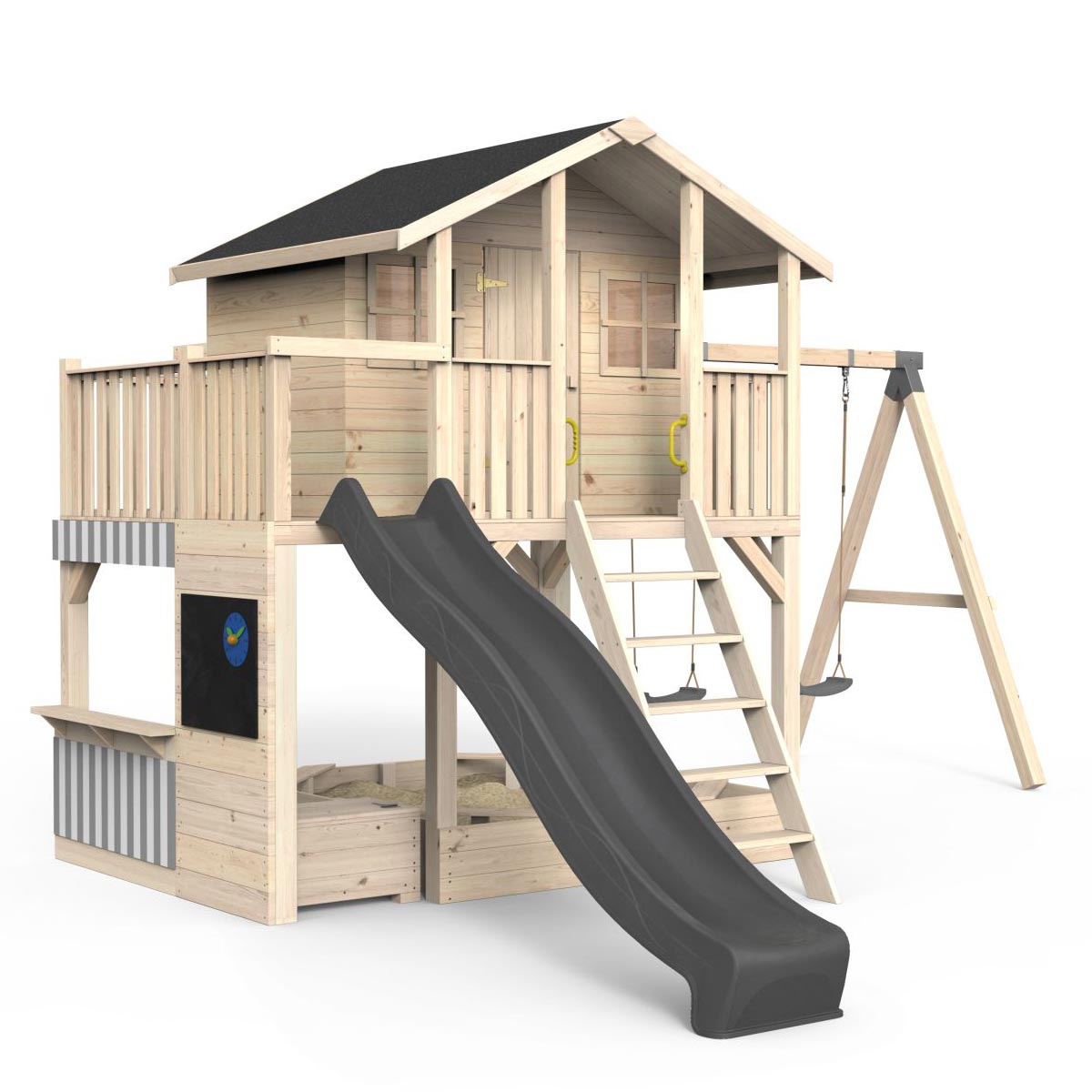 Spielhaus auf Stelzen, Massivholz natur, Sandkasten, Kaufladen, Balkon Leiter, Geländer, Spielzimmer, Tür, Sprossenfenster, Doppelschaukel, Dachpappe schwarz, Rutsche grau