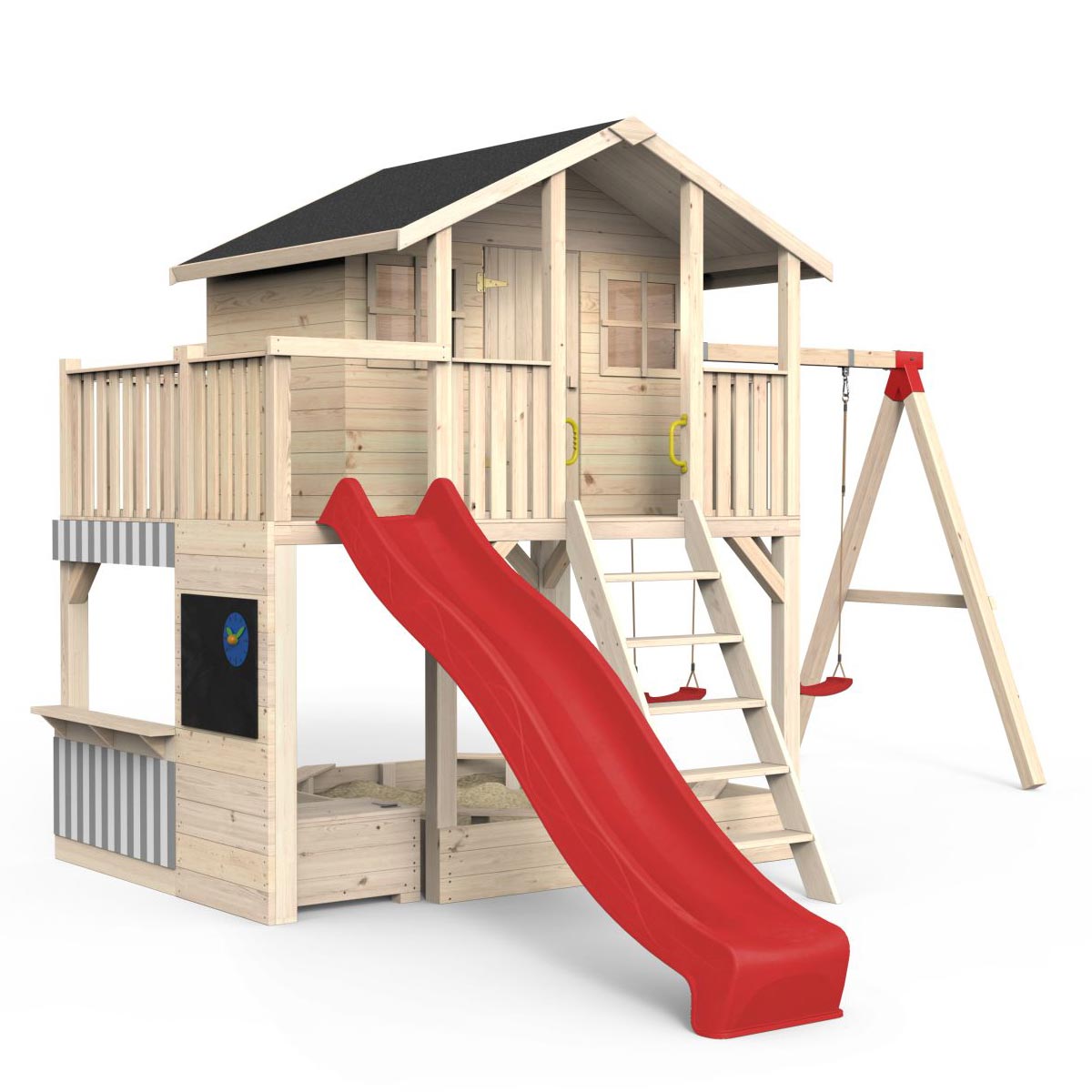 Spielhaus auf Stelzen, Massivholz natur, Sandkasten, Kaufladen, Balkon Leiter, Geländer, Spielzimmer, Tür, Sprossenfenster, Doppelschaukel, Dachpappe schwarz, Rutsche rot