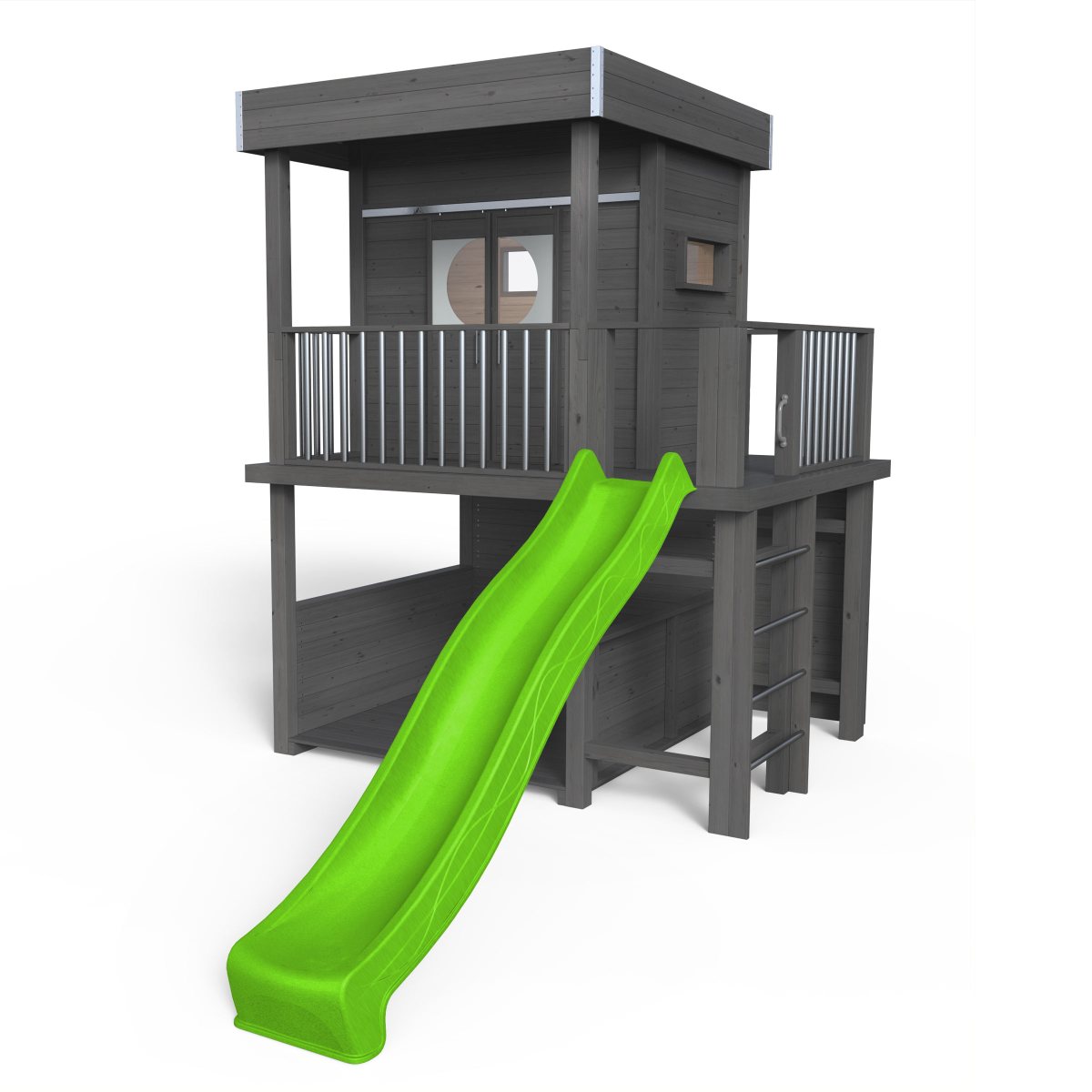 Spielhaus auf Stelzen, Massivholz natur, Lounge, Balkon, Leiter, Geländer, Spielzimmer, Schiebetür, Anstrich Anthrazit, Rutsche apfelgrün