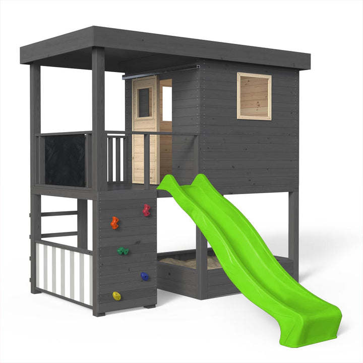 Spielhaus, Massivholz natur, Sandkasten, Kletterwand, Leiter, Spielzimmer, Tür, Kaufladen, Tafel, Rutsche apfelgrün, Anstrich Anthrazit