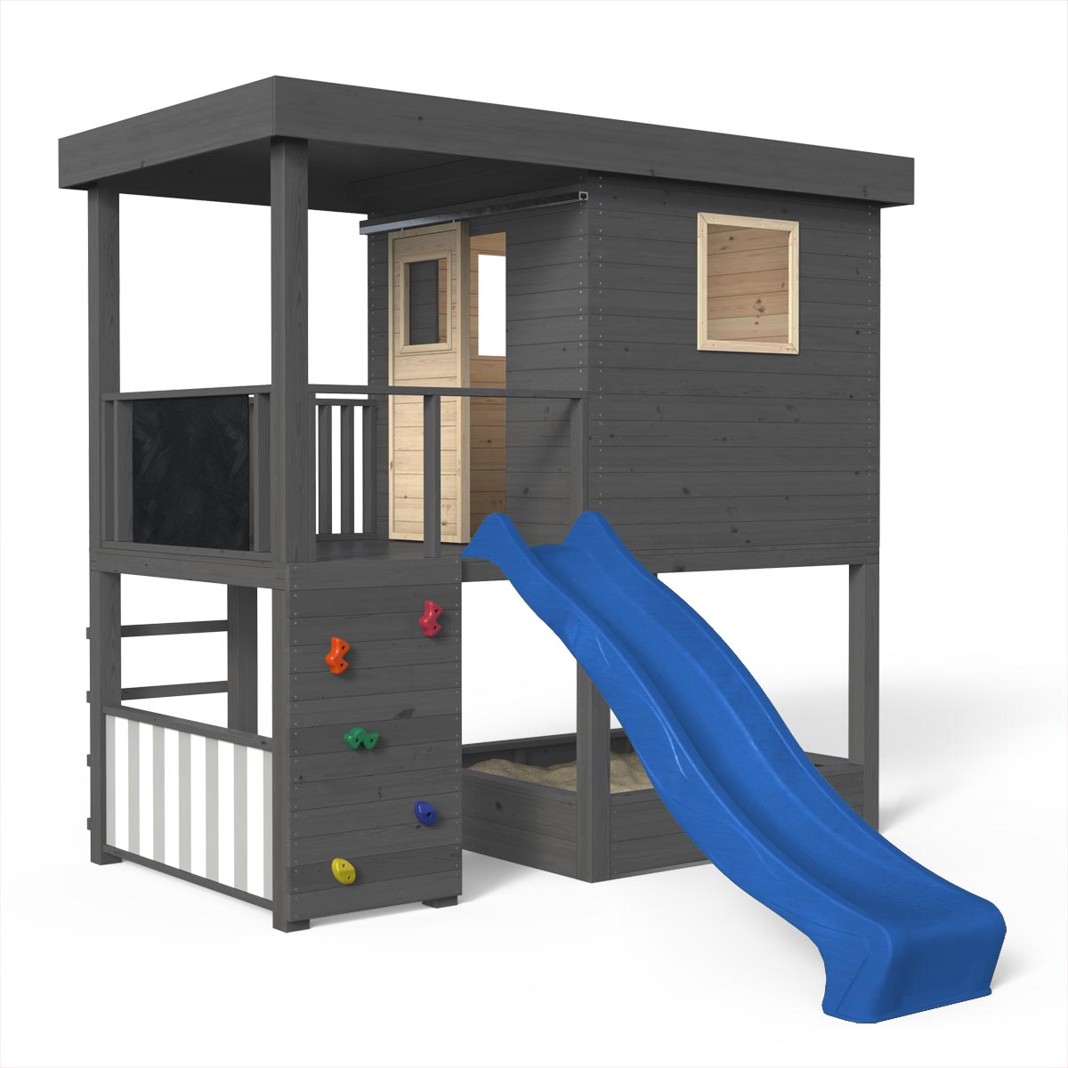Spielhaus, Massivholz natur, Sandkasten, Kletterwand, Leiter, Spielzimmer, Tür, Kaufladen, Tafel, Rutsche blau, Anstrich Anthrazit