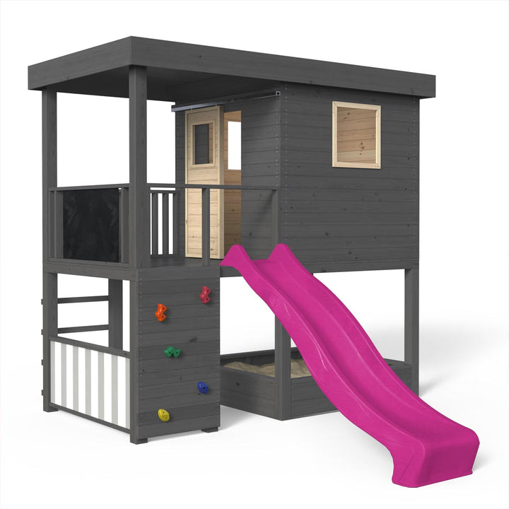 Spielhaus, Massivholz natur, Sandkasten, Kletterwand, Leiter, Spielzimmer, Tür, Kaufladen, Tafel, Rutsche pink, Anstrich Anthrazit