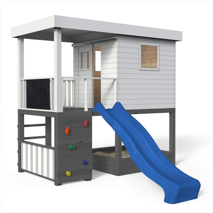 Spielhaus, Massivholz natur, Sandkasten, Kletterwand, Leiter, Spielzimmer, Tür, Kaufladen, Tafel, Rutsche blau, Anstrich weiß-anthrazit