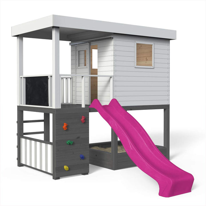 Spielhaus, Massivholz natur, Sandkasten, Kletterwand, Leiter, Spielzimmer, Tür, Kaufladen, Tafel, Rutsche pink, Anstrich weiß-anthrazit