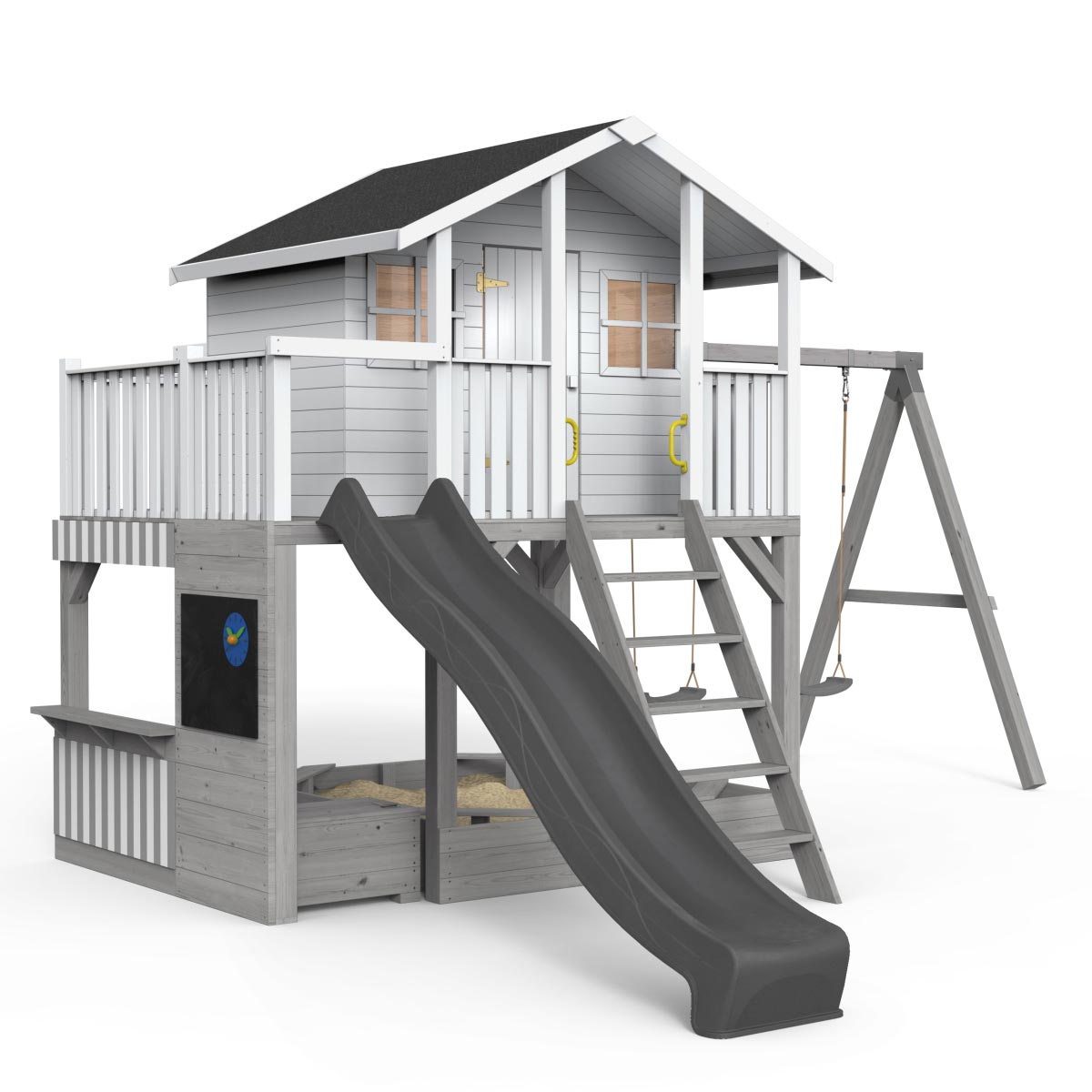 Spielhaus auf Stelzen, Massivholz natur, Sandkasten, Kaufladen, Balkon Leiter, Geländer, Spielzimmer, Tür, Sprossenfenster, Doppelschaukel, Dachpappe schwarz, Anstrich Weiß-Silber, Rutsche grau
