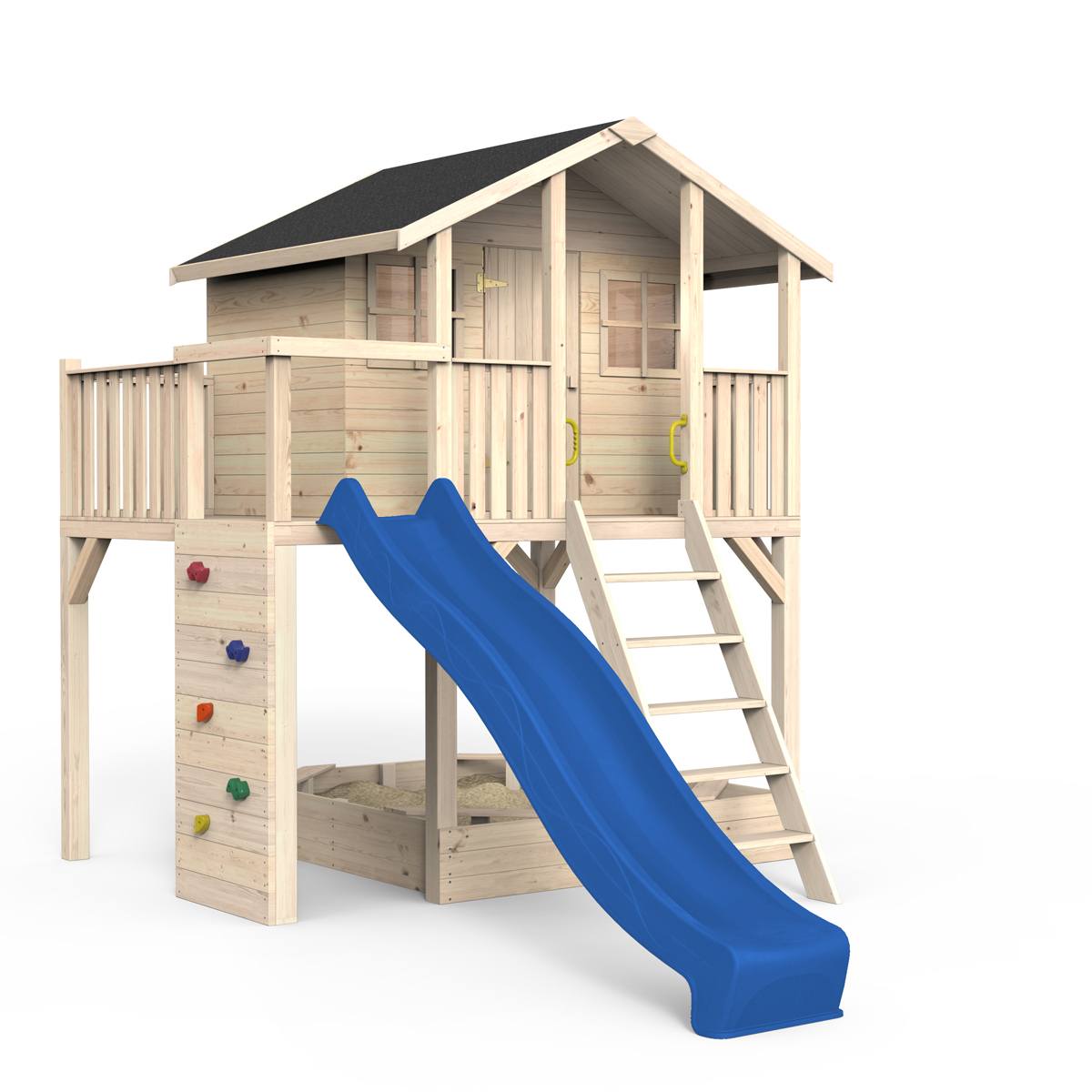 Spielhaus auf Stelzen, Massivholz natur, Sandkasten, Kletterwand, Leiter, Geländer, Spielzimmer, Tür, Sprossenfenster, Dachpappe schwarz, Rutsche blau