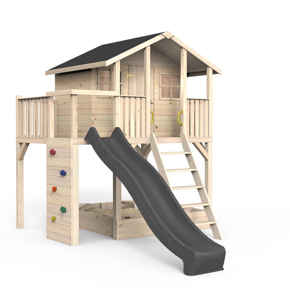 Spielhaus auf Stelzen, Massivholz natur, Sandkasten, Kletterwand, Leiter, Geländer, Spielzimmer, Tür, Sprossenfenster, Dachpappe schwarz, Rutsche grau