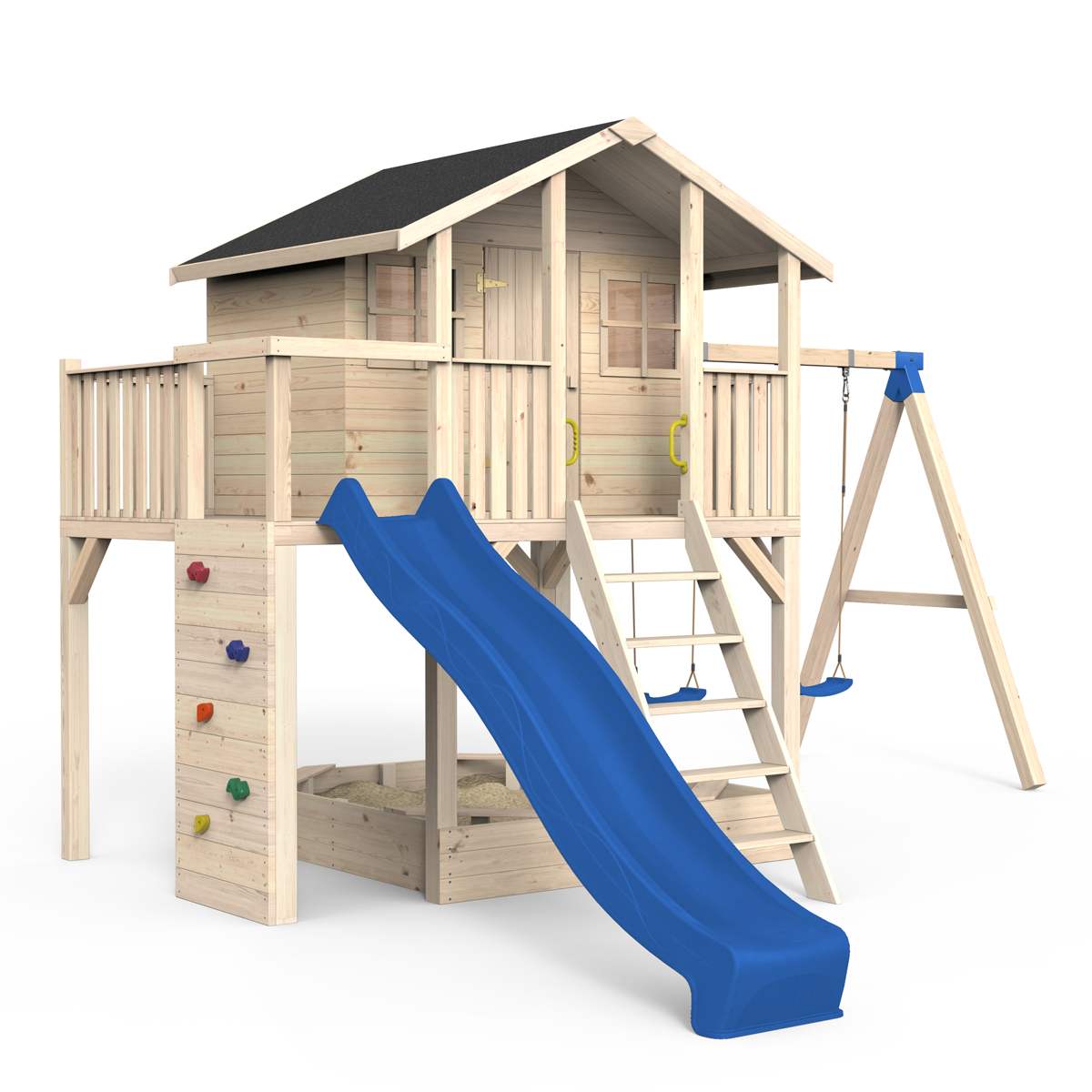 Spielhaus auf Stelzen, Massivholz natur, Sandkasten, Kletterwand, Leiter, Geländer, Spielzimmer, Tür, Sprossenfenster, Doppelschaukel, Dachpappe schwarz, Rutsche blau